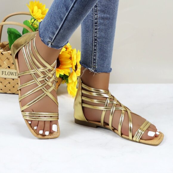 Women's Roman Gladiator Muliti Straped Back Zip Design Flat Heel Sandals Gold - Picture 2 of 5